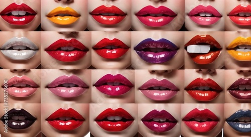 Set of beautiful female lips close-up, painted in different colors