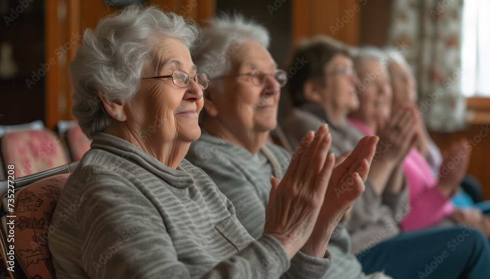 Group of elderly senior women applauding, clapping hands at successful meeting or presentation. Generative AI Group of elderly senior women applauding, clapping hands at successful meeting or presentation. Generative AI