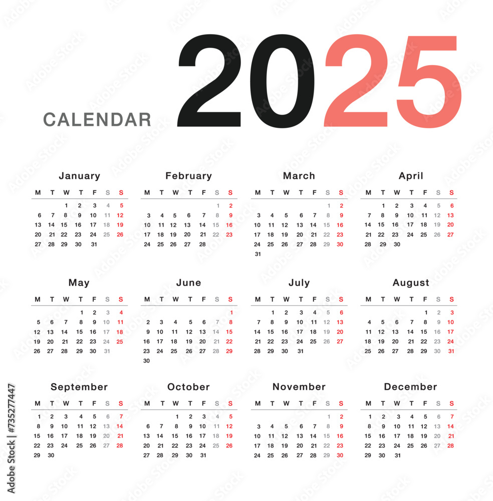 Vecteur Stock Colorful Year 2025 calendar horizontal vector design