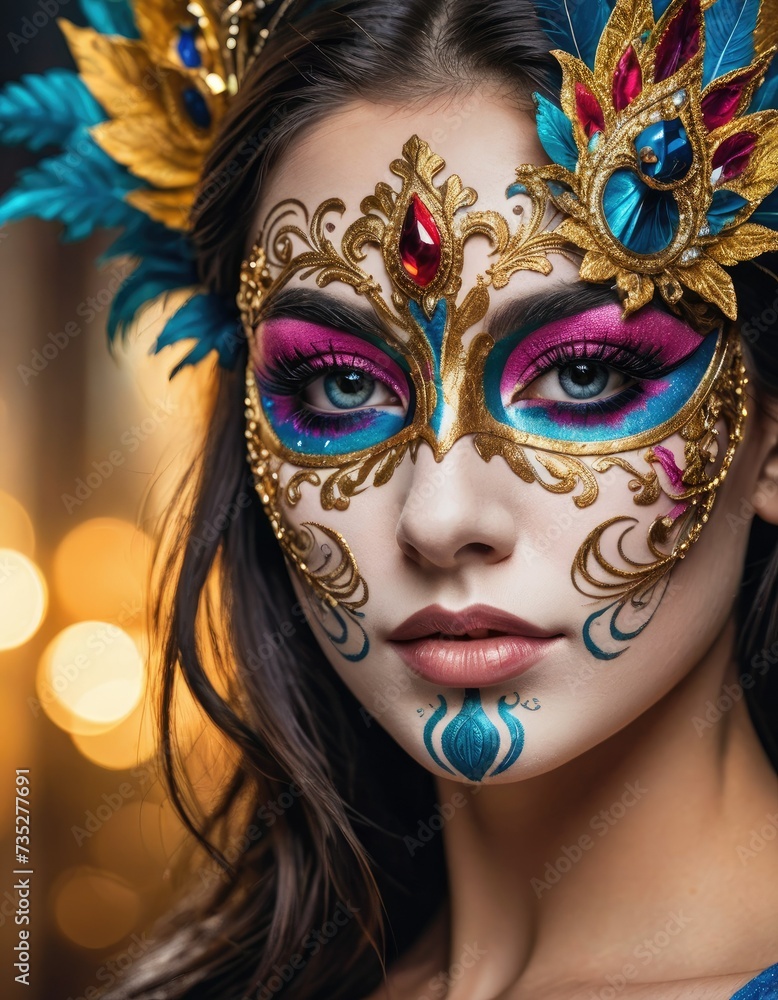 Eyes Alight: Vibrant Carnival Mask Charms on Brunette Grace