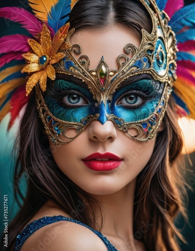 Carnival Verve: Brunette Beauty Adorned in Masked Brilliance