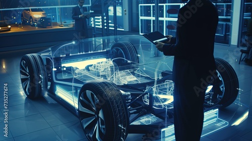 Auto engineer next to a holographic model of a car. Innovative technologies in the development of car design. Engineer's vision brought to life in holographic form.