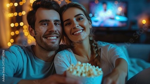 Boyfriend and girlfriend at home eating popcorn and watching on the sofa.