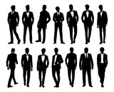 Silhouettes of elegant men wearing formal, black tie outfit, suit, tuxedo for evening Christmas, New Year, Wedding event celebration. Vector monochrome black illustrations on transparent background.
