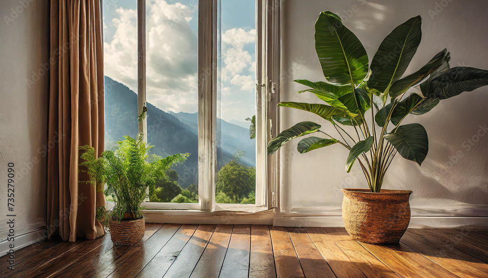 Plant against a white wall mockup. White wall mockup with brown curtain, plant and wood floor. 3D Plant against a white wall mockup. White wall mockup with brown curtain, plant and wood floor. 3D