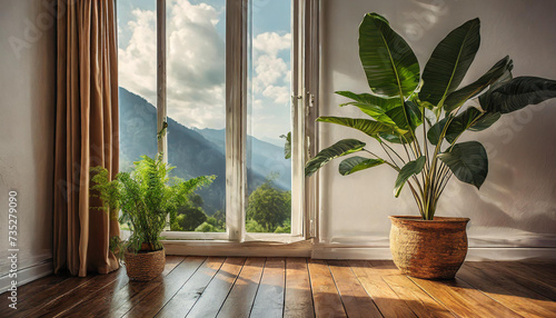 Plant against a white wall mockup. White wall mockup with brown curtain, plant and wood floor. 3D © netsay