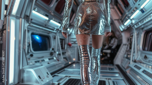 A silver metallic midi dress with a turtleneck and long sleeves paired with silver ankle boots and a statement silver belt. Background Attending a technology conference on