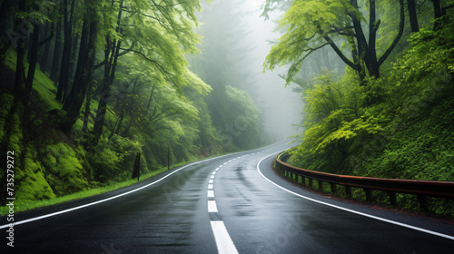 Road in foggy forest in rainy day in spring. Beauty