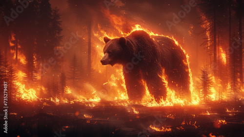 A bear in a burning forest. Danger of forest fires for wild animalsgenerative ai