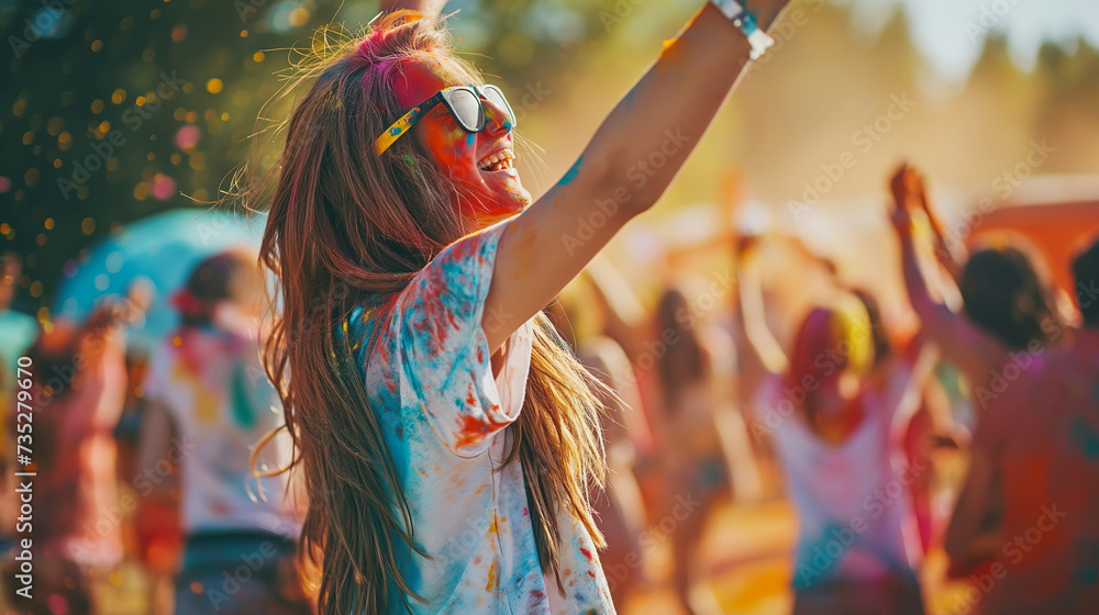 Obraz premium Happy young woman having fun and dancing in crowd at Holi festival of colors, summer party or music festival
