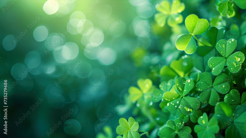 Green clover leaf background with bokeh effect. St. Patrick's day concept