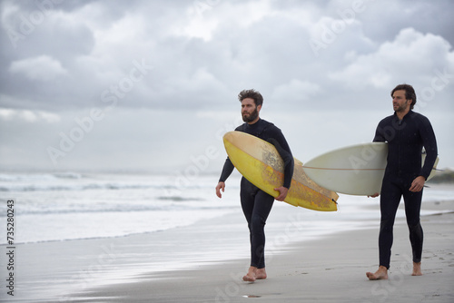 Photography Man, friends and surfer at beach for exercise, sport or waves on sandy shore in outdoor fitness