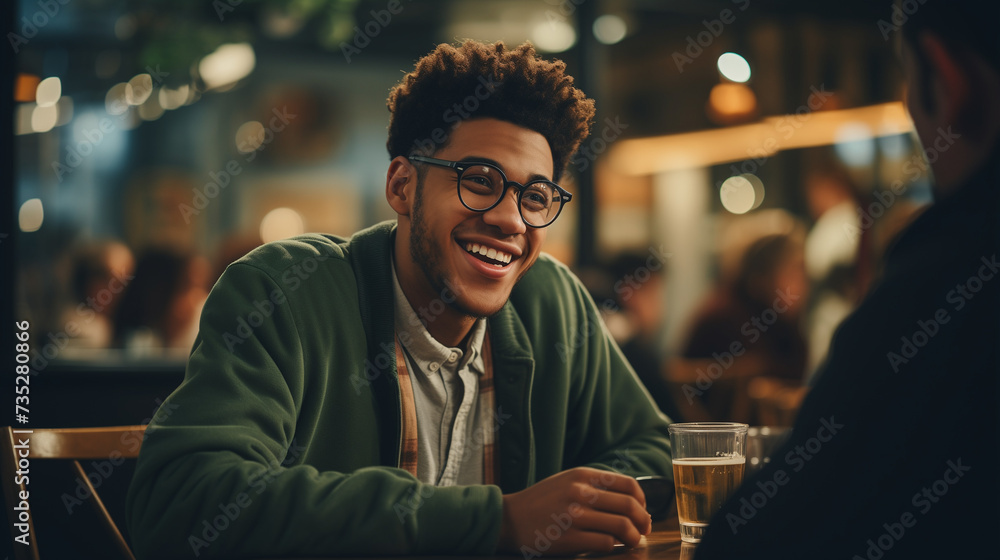 Young black man with glasses talking to a friend at a bar - obrazy, fototapety, plakaty 