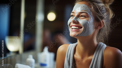 Beautiful young woman wearing a blue face mask in her bathroom and smiling