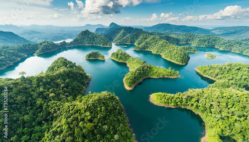 Sustainable habitat world concept. Distant aerial view of a dense rainforest vegetation with lakes in a shape of world continents, clouds and one small yellow photo