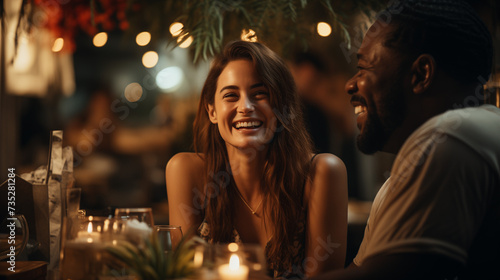 Interracial beautiful couple at a date at a restaurant