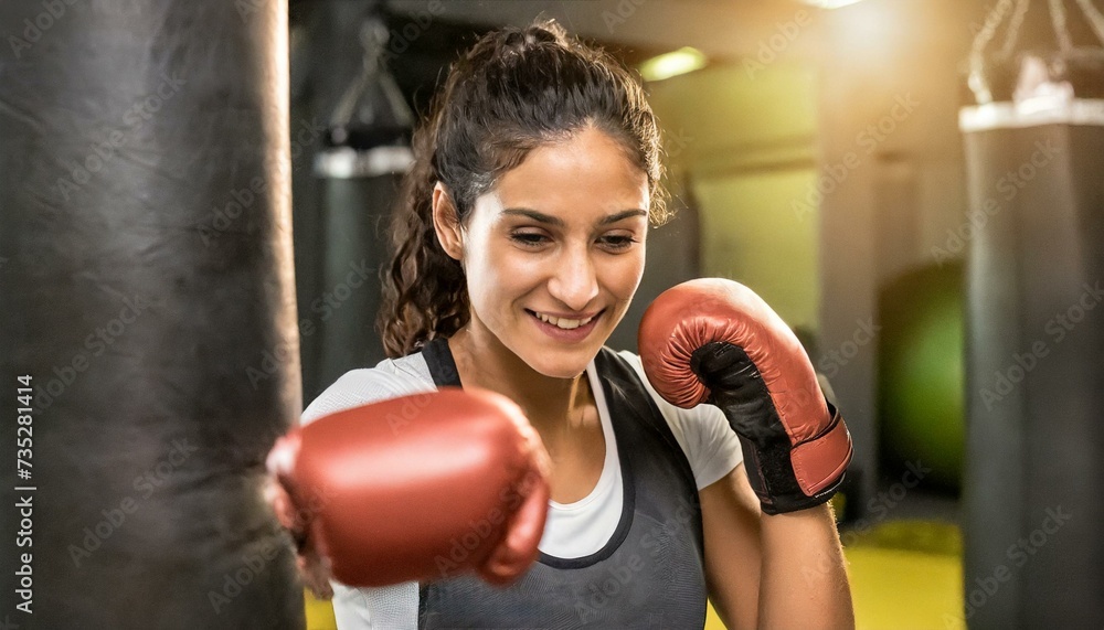 A strong woman training boxing at gym