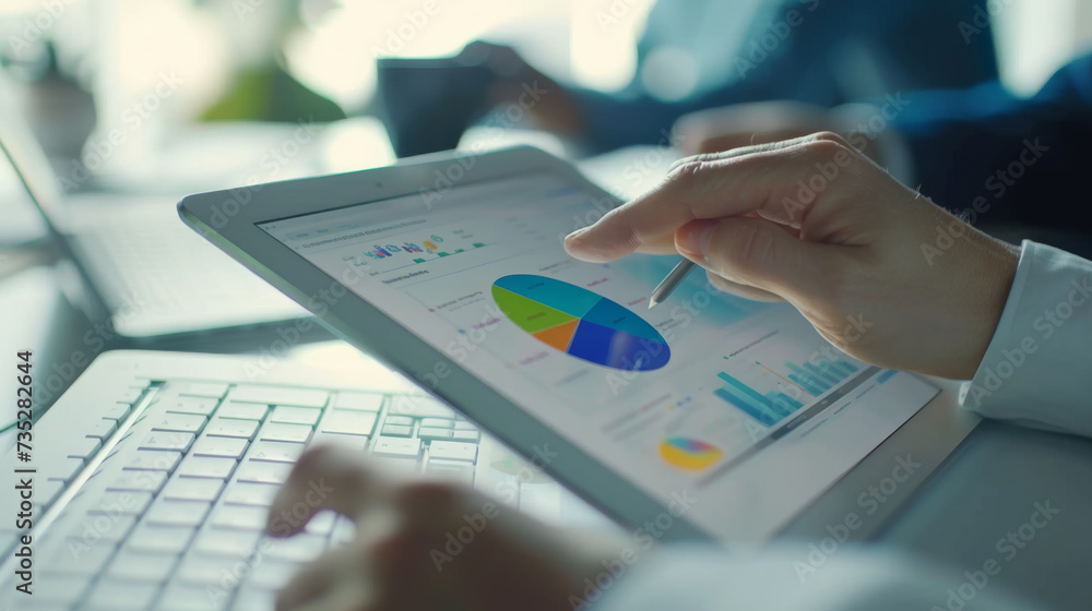 person analyzing data on a tablet, with a focus on the hand touching the screen displaying colorful charts and graphs. person analyzing data on a tablet, with a focus on the hand touching the screen displaying colorful charts and graphs.
