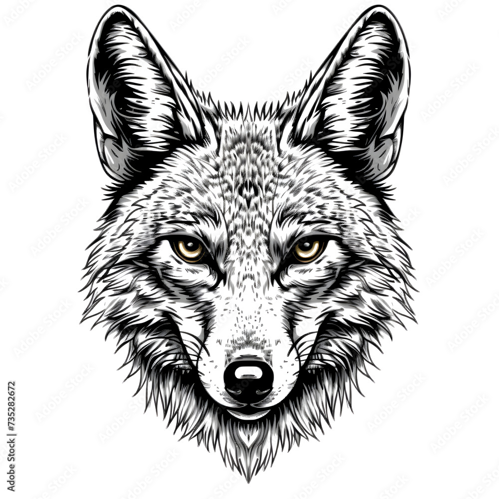 A coyote's face tattoo on a white background A coyote's face tattoo on a white background