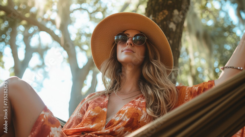 A flowy tiedye maxi dress paired with a widebrimmed floppy hat and round sungles perfect for a sunny day spent lounging in a hammock under the shade of a tree.
