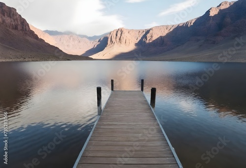 A metal pier extending into a calm lake with a desert in the background during daytime