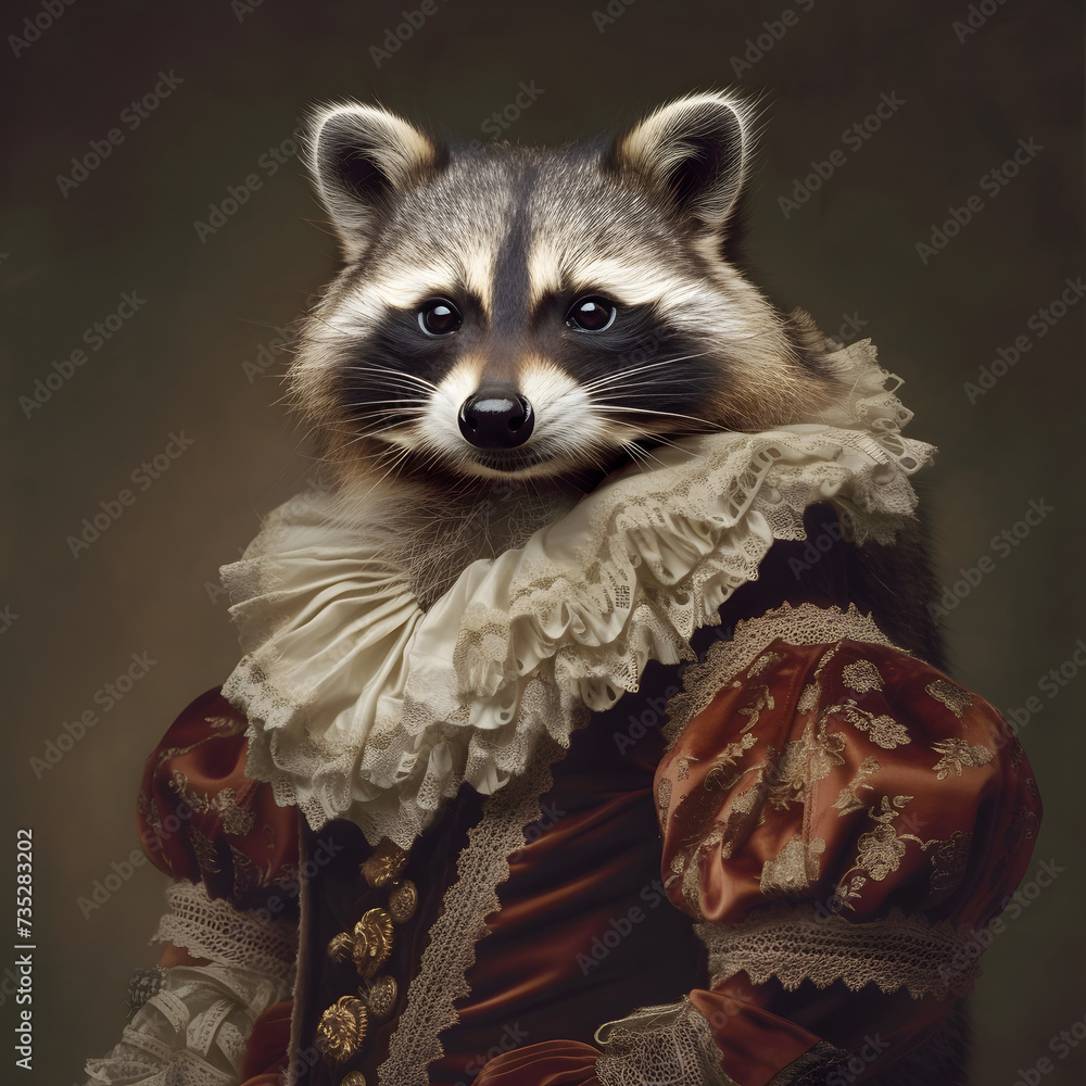 raccoon in old dress gimp portrait of baroque style
