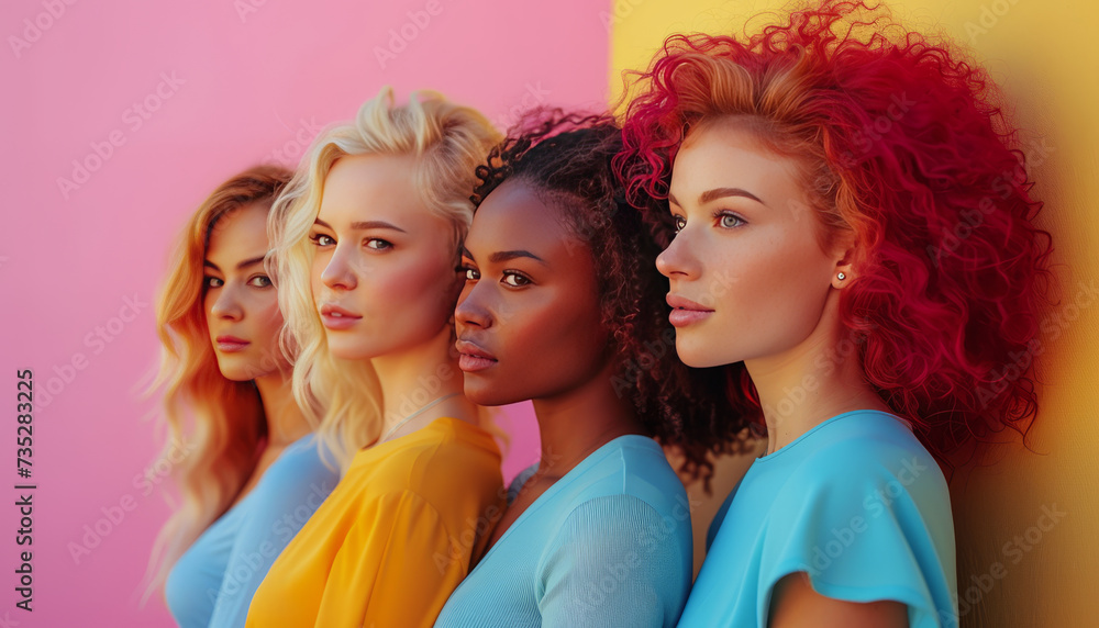 body positive girls different race have photo session for feminists campaign isolated pastel color background ,generative ai body positive girls different race have photo session for feminists campaign isolated pastel color background ,generative ai