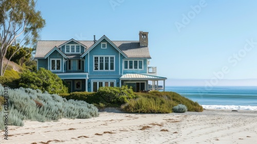 House painted on the beach, a dreamy coastal escape with a serene ocean view