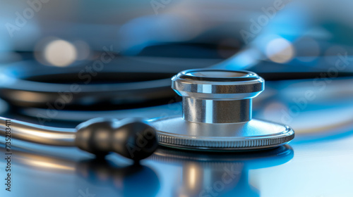 A close-up of a stethoscope with a highly reflective, metallic finish on a blue, blurred background, emphasizing the essential tool for medical diagnostics and patient care.