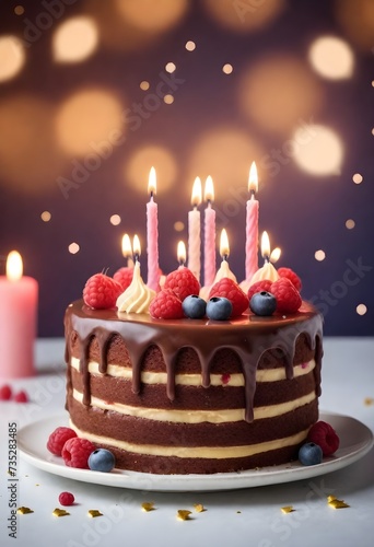 A vanilla birthday cake with lit candles and topped with raspberries , with a starry night background and balloons on the surface around it © JazzRock