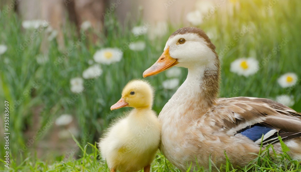 A mother duck with a little chick on the grass beautiful bird A mother duck with a little chick on the grass beautiful bird