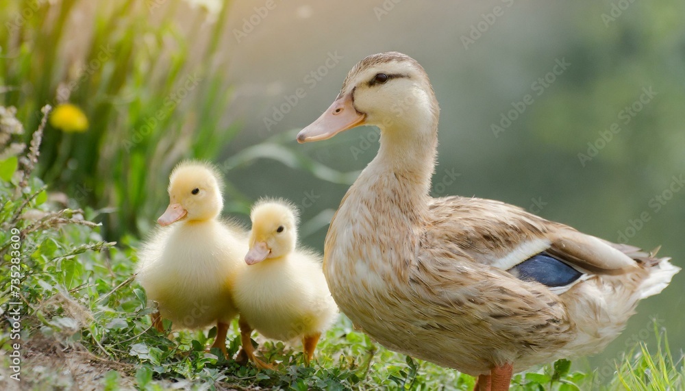 A mother duck with a little chick on the grass beautiful bird A mother duck with a little chick on the grass beautiful bird