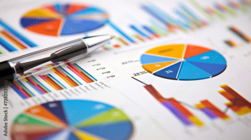 close-up of a pen lying on top of various types of printed financial charts, including bar graphs, line graphs, and pie charts. close-up of a pen lying on top of various types of printed financial charts, including bar graphs, line graphs, and pie charts.