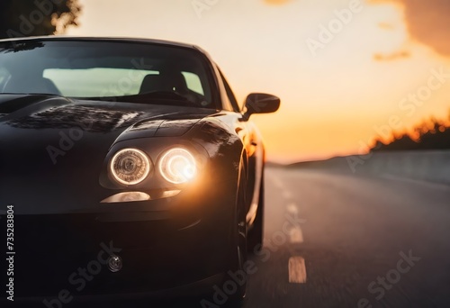 Black sports car on a road at sunrise with clouds in the background