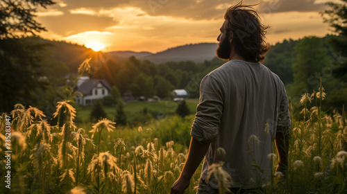 Young bearded man walking in a floral field at sunrise