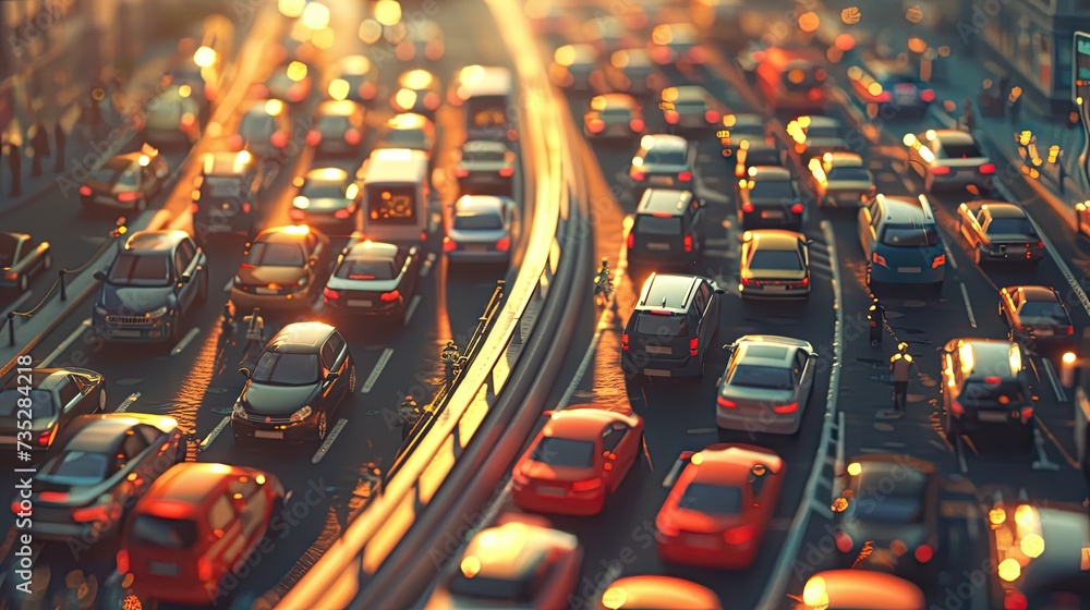 Fototapeta premium Urban Standstill: Cars in a highway traffic jam, portraying the challenges of urban commuting.