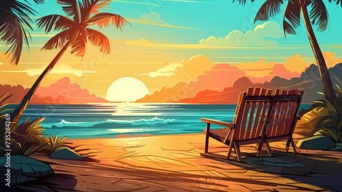 Sunny Seascape Illustration of Summer Beach Background