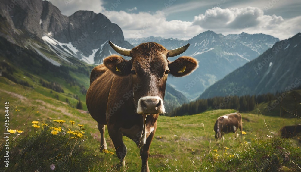 cow against the backdrop of alpine mountains and meadows, farm animals