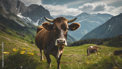 cow against the backdrop of alpine mountains and meadows  farm animals