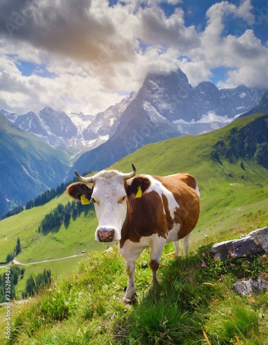 cow against the backdrop of alpine mountains and meadows  farm animals
