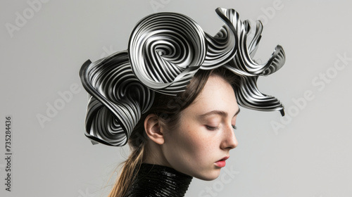 A futuristic high fashion headpiece created entirely from 3D printing resembling a swirling cloudlike structure in metallic hues.