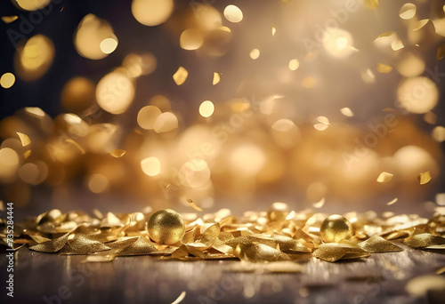 Golden confetti scattered on a surface with a bokeh light background, festive and celebratory mood.