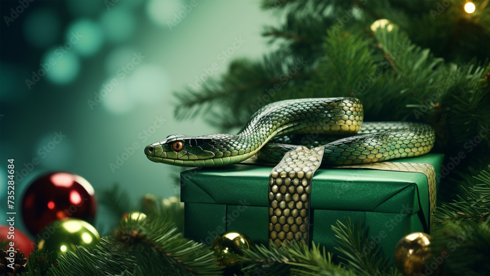 Fototapeta premium Green tree snake on a green background, decorated with Christmas tree branches. Merry Christmas and New Year concept. Holidays background.