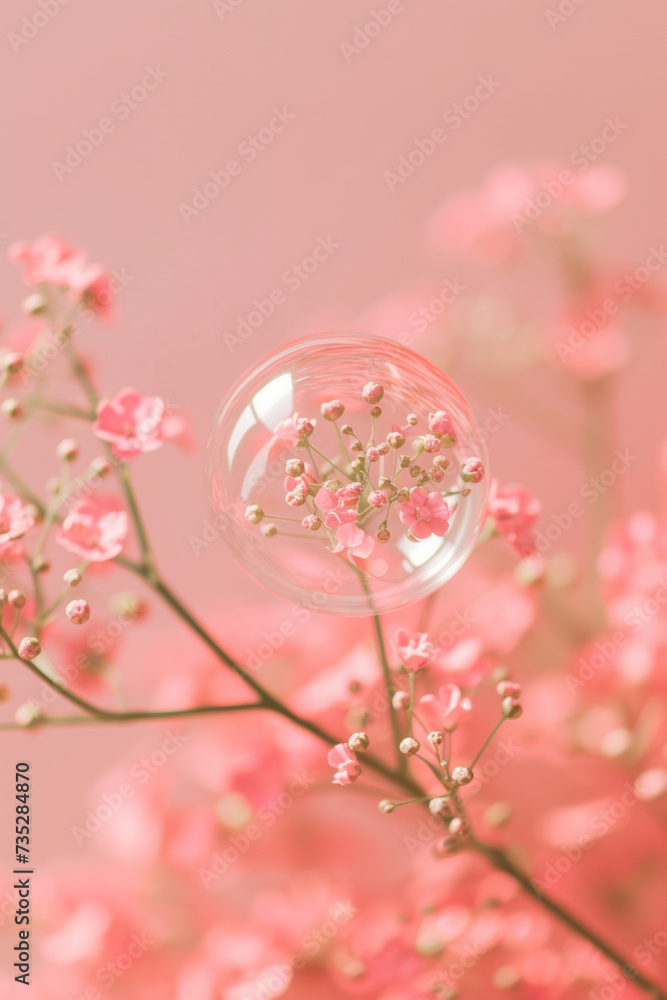 Fototapeta premium Aesthetic spring background with cherry blossom in delicate bubble. The beginning of spring, nature. Light pastel pink and peach colors.