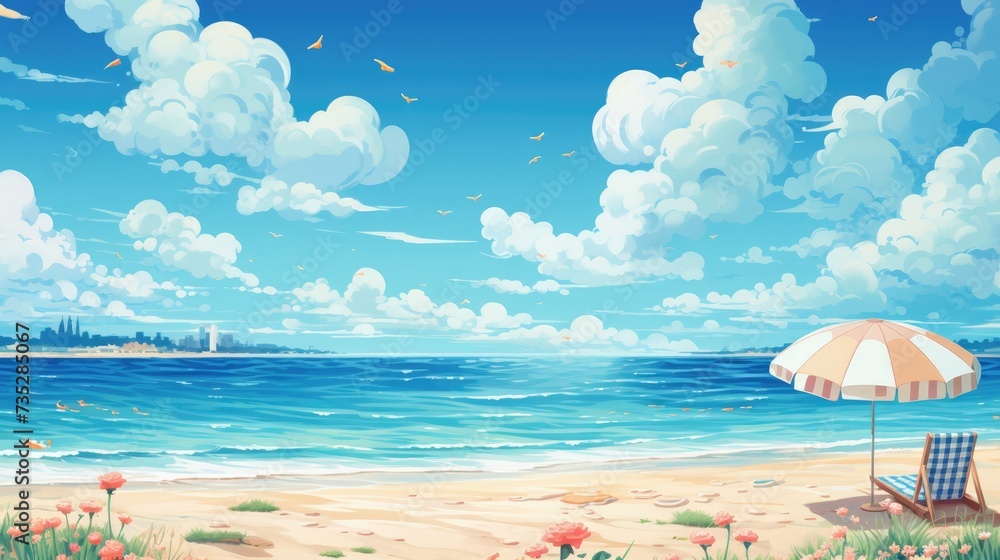 Tropical Sunset Illustration of Summer Beach Background