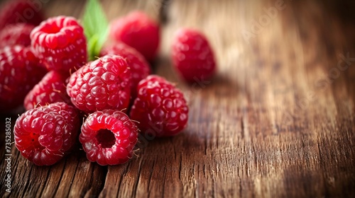 a group of raspberries on a wood surface