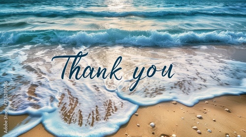 Coastal Gratitude: Beautiful card with 'Thank you' on a sandy beach, blending appreciation with the serene ocean backdrop