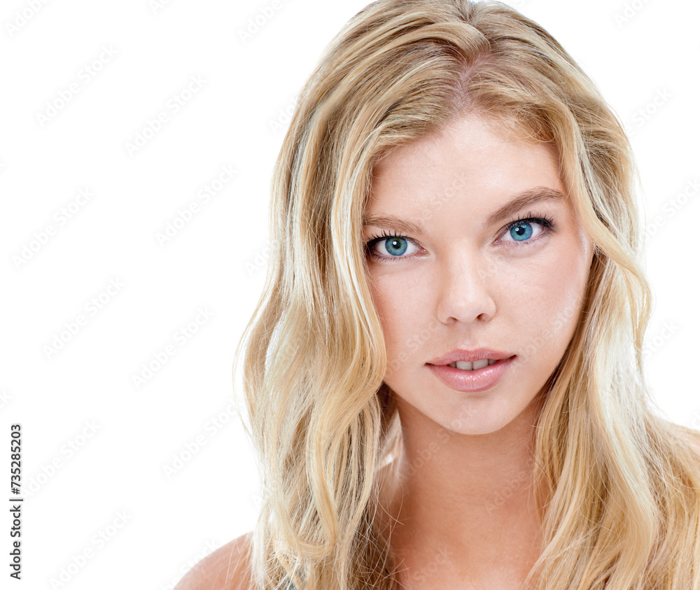 Beauty, hair care or blonde in portrait with woman for cosmetics isolated on white background. Proud model, transformation or female person in studio or salon for shine, treatment or texture results Beauty, hair care or blonde in portrait with woman for cosmetics isolated on white background. Proud model, transformation or female person in studio or salon for shine, treatment or texture results