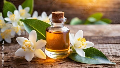 Neroli essential oil with flowers on a wooden background