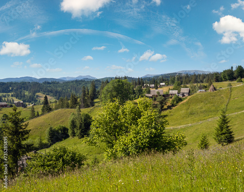 Summer Gorgany massiv mountains scenery view from Sevenei hill (near Yablunytsia pass, Carpathians, Ukraine.) photo